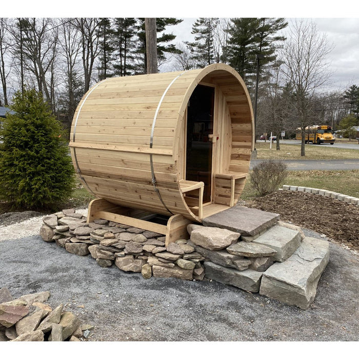 Aleko's 3-5 Person Barrel Sauna for All-Weather Bliss with Front Porch Canopy, UL Certified 4.5 kW Power, and Stylish Bitumen Shingle Roofing