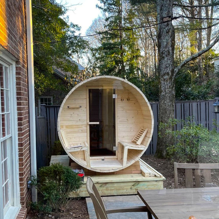 Aleko's 3-5 Person Barrel Sauna for All-Weather Bliss with Front Porch Canopy, UL Certified 4.5 kW Power, and Stylish Bitumen Shingle Roofing