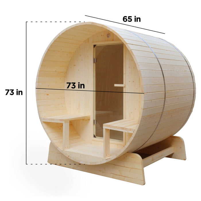 Aleko's 3-5 Person Barrel Sauna for All-Weather Bliss with Front Porch Canopy, UL Certified 4.5 kW Power, and Stylish Bitumen Shingle Roofing