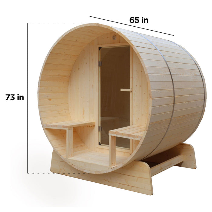 Aleko's 3-5 Person Barrel Sauna for All-Weather Bliss with Front Porch Canopy, UL Certified 4.5 kW Power, and Stylish Bitumen Shingle Roofing