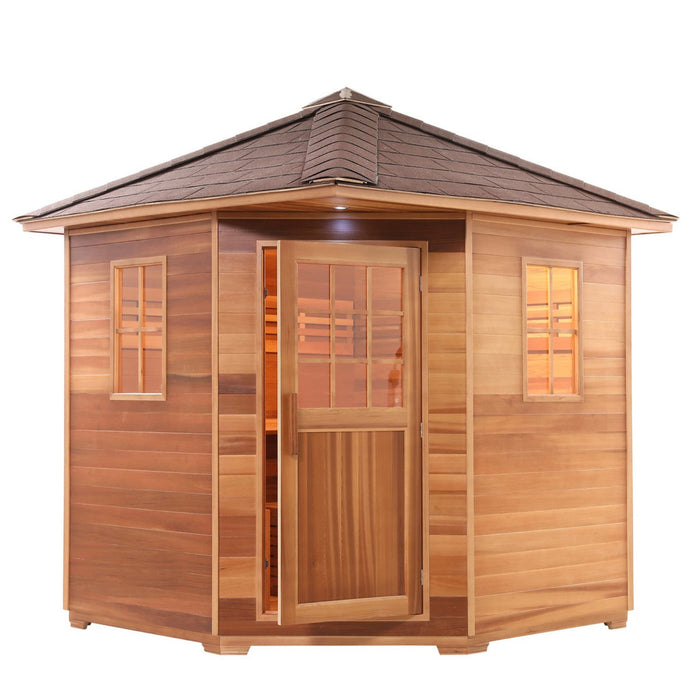 ALEKO's Canadian Red Cedar Outdoor Sauna, Complete with Asphalt Roof and UL Certified 8 kW Heater, Invites Elegance and Comfort for Groups of 8 in Both Wet and Dry Sessions