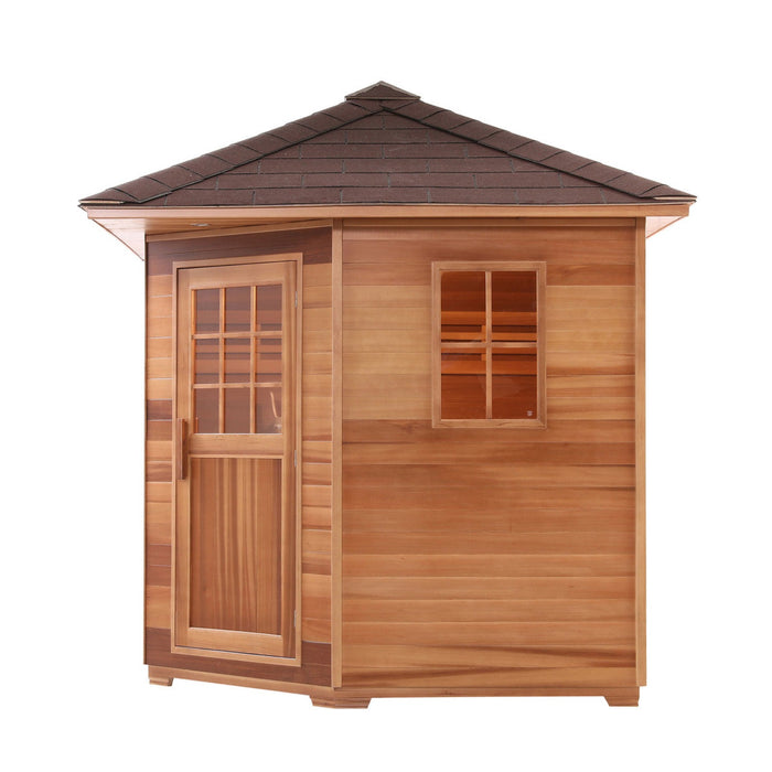 ALEKO's Canadian Red Cedar Outdoor Sauna, Complete with Asphalt Roof and UL Certified 8 kW Heater, Invites Elegance and Comfort for Groups of 8 in Both Wet and Dry Sessions