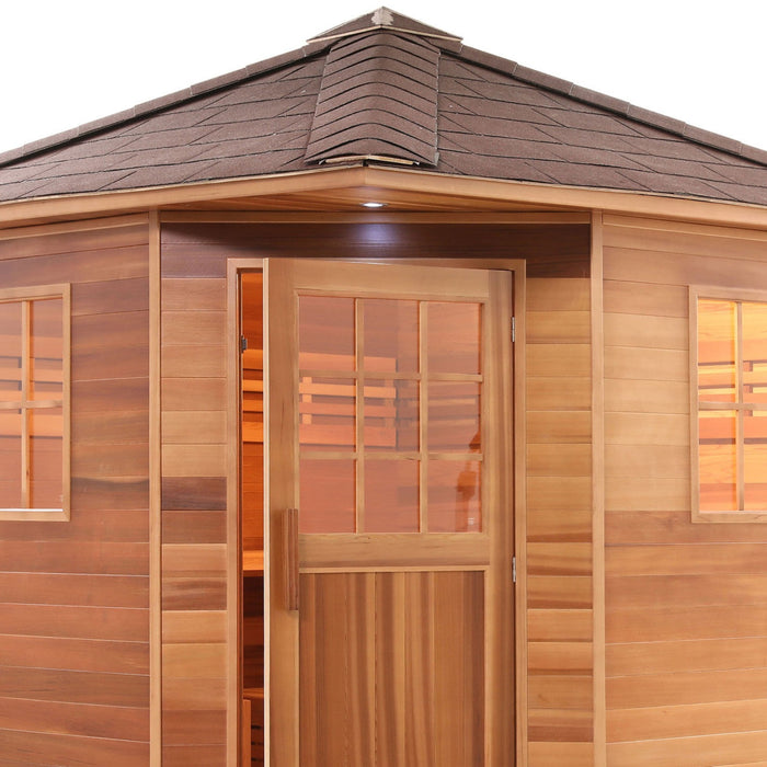 ALEKO's Canadian Red Cedar Outdoor Sauna, Complete with Asphalt Roof and UL Certified 8 kW Heater, Invites Elegance and Comfort for Groups of 8 in Both Wet and Dry Sessions