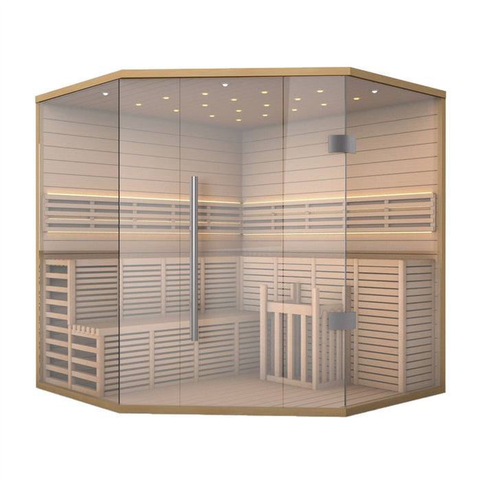 ALEKO's Indoor Wet Dry Sauna with LED Lights, featuring Canadian Hemlock for a touch of luxury, is equipped with a UL Certified 6 kW Heater, designed for the comfort of 5-6 individuals