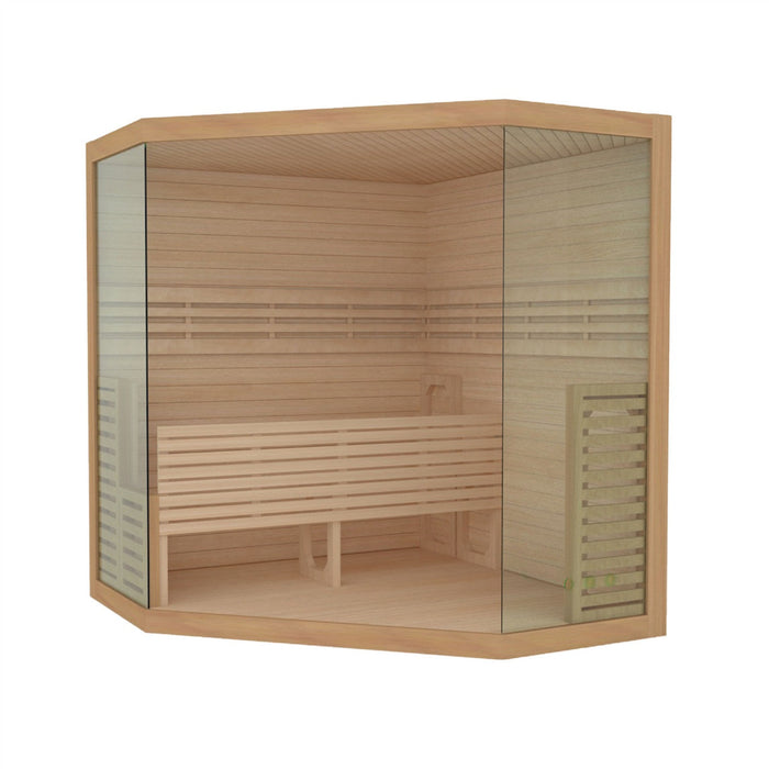 ALEKO's Indoor Wet Dry Sauna with LED Lights, featuring Canadian Hemlock for a touch of luxury, is equipped with a UL Certified 6 kW Heater, designed for the comfort of 5-6 individuals