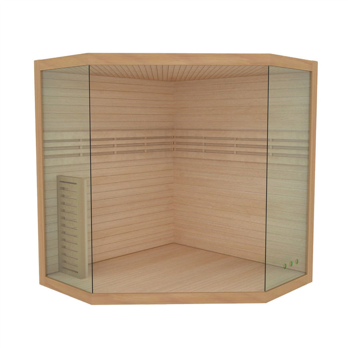 ALEKO's Indoor Wet Dry Sauna with LED Lights, featuring Canadian Hemlock for a touch of luxury, is equipped with a UL Certified 6 kW Heater, designed for the comfort of 5-6 individuals