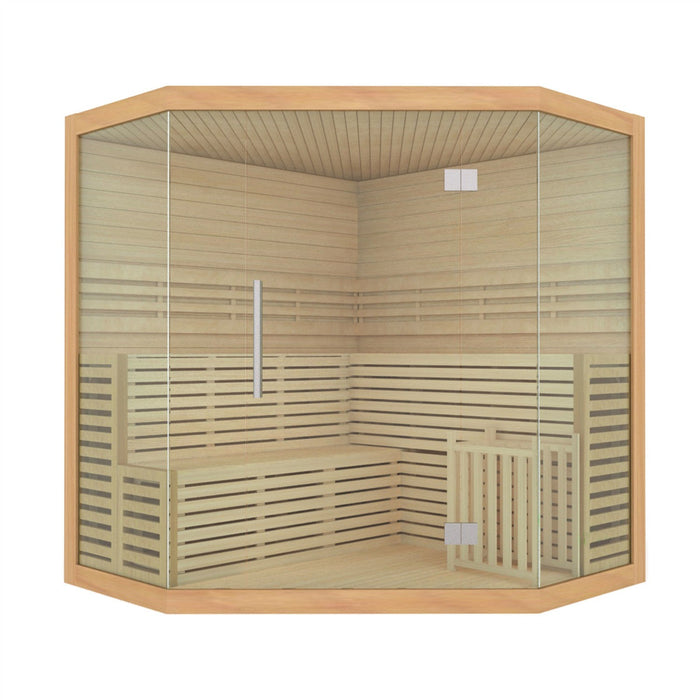 ALEKO's Indoor Wet Dry Sauna with LED Lights, featuring Canadian Hemlock for a touch of luxury, is equipped with a UL Certified 6 kW Heater, designed for the comfort of 5-6 individuals