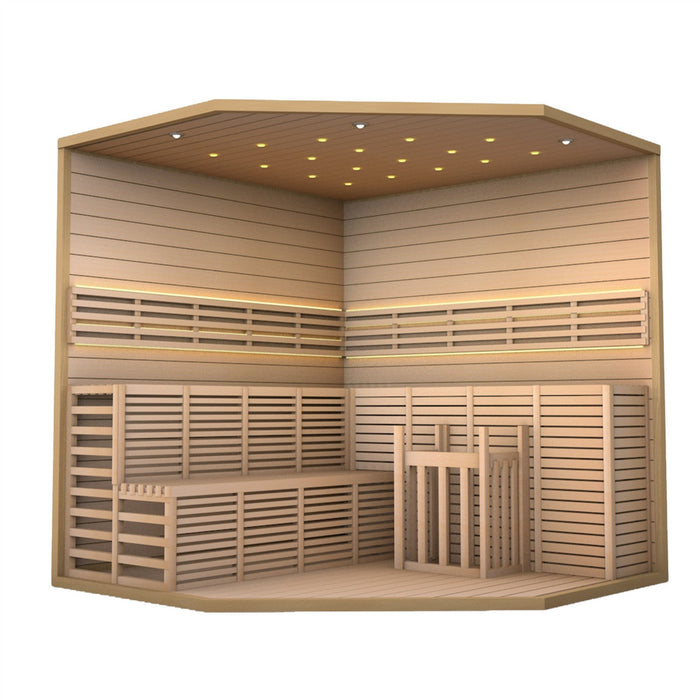 ALEKO's Indoor Wet Dry Sauna with LED Lights, featuring Canadian Hemlock for a touch of luxury, is equipped with a UL Certified 6 kW Heater, designed for the comfort of 5-6 individuals