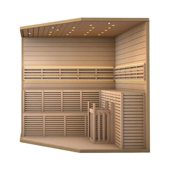 ALEKO's Indoor Wet Dry Sauna with LED Lights, featuring Canadian Hemlock for a touch of luxury, is equipped with a UL Certified 6 kW Heater, designed for the comfort of 5-6 individuals