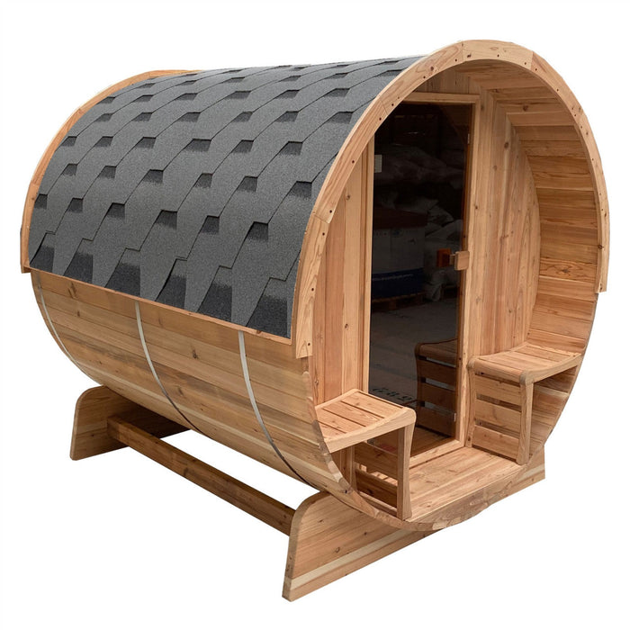 Aleko Cedar Barrel Sauna by Aleko: Outdoor Steam Serenity with Front Porch Canopy for 3-4 People