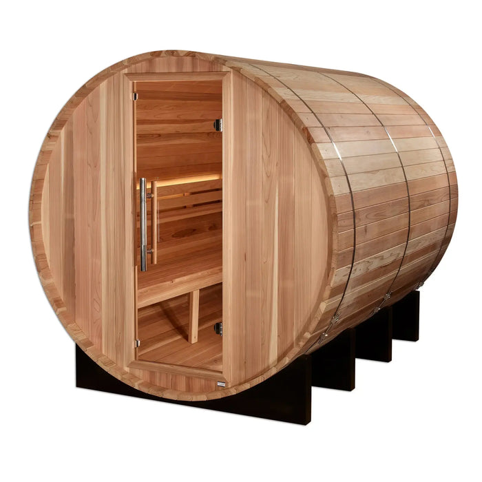 Golden Designs Unveiling the Klosters 6-Person Barrel Sauna Experience