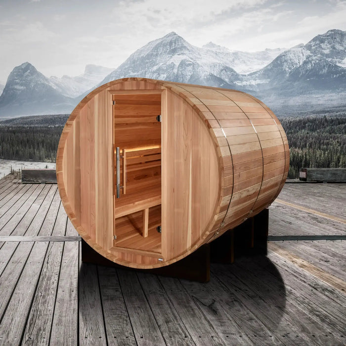 Golden Designs Unveiling the Klosters 6-Person Barrel Sauna Experience