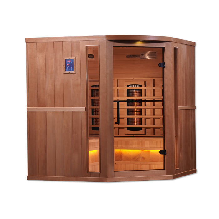 Golden Designs Canadian Hemlock 3-Person Corner Sauna Infused with PureTech™ Brilliance, Himalayan Salt Oasis, and Near Zero EMF FAR Infrared