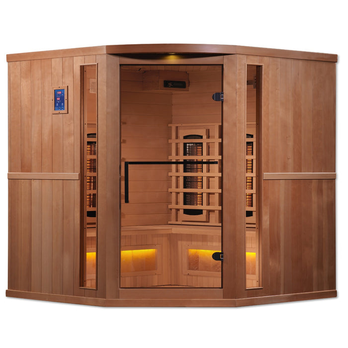 Golden Designs Canadian Hemlock 3-Person Corner Sauna Infused with PureTech™ Brilliance, Himalayan Salt Oasis, and Near Zero EMF FAR Infrared