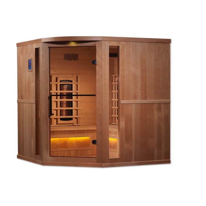 Golden Designs Canadian Hemlock 3-Person Corner Sauna Infused with PureTech™ Brilliance, Himalayan Salt Oasis, and Near Zero EMF FAR Infrared