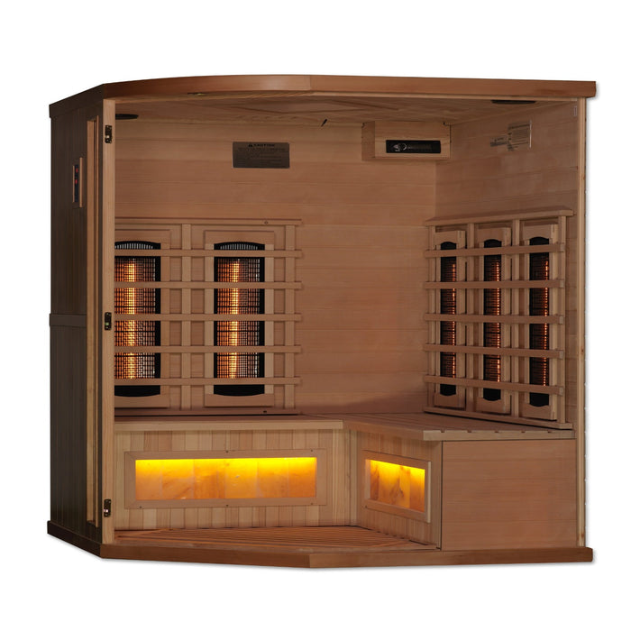 Golden Designs Canadian Hemlock 3-Person Corner Sauna Infused with PureTech™ Brilliance, Himalayan Salt Oasis, and Near Zero EMF FAR Infrared