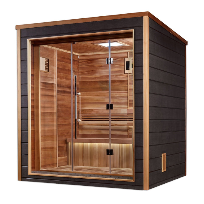 Golden Designs Nature with the Golden Aura of a 3-Person Outdoor Sauna, Featuring Traditional Charm and a Canadian Red Cedar Haven Within