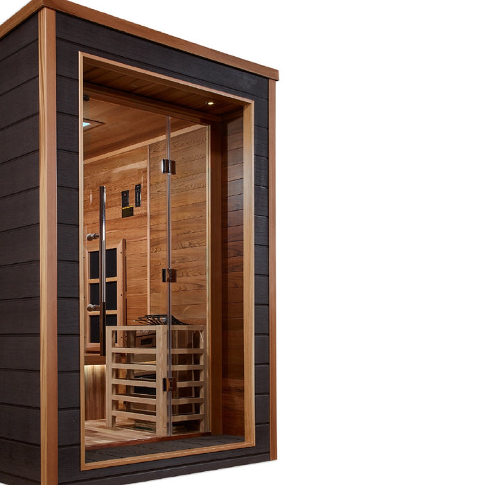 Golden Designs  Karlstad's 6-Person Outdoor Sauna Oasis with Full Spectrum IR or Classic Stove, Wrapped in Canadian Red Cedar Luxury