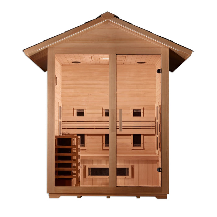 Golden Designs 3-Person Hybrid Oasis, 'Carinthia,' with PureTech™ Full Spectrum IR and Classic Stove Options in Golden Designs' Outdoor Sauna