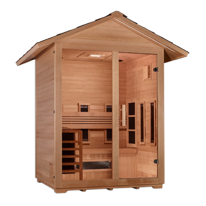 Golden Designs 3-Person Hybrid Oasis, 'Carinthia,' with PureTech™ Full Spectrum IR and Classic Stove Options in Golden Designs' Outdoor Sauna