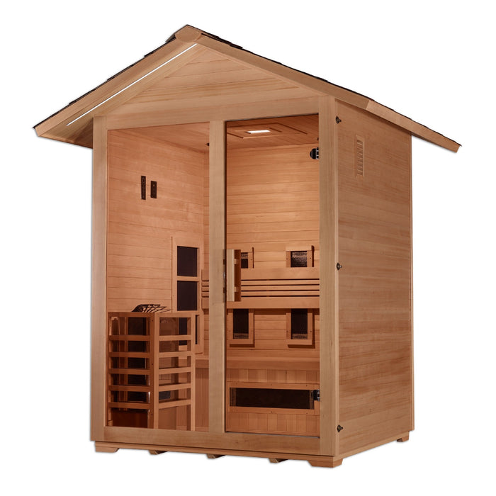 Golden Designs 3-Person Hybrid Oasis, 'Carinthia,' with PureTech™ Full Spectrum IR and Classic Stove Options in Golden Designs' Outdoor Sauna