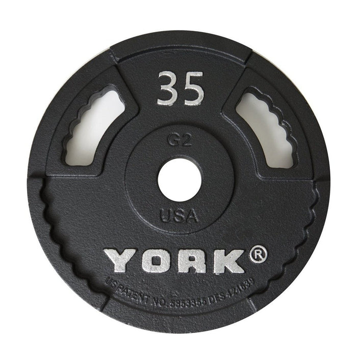 York Barbell's 35 lbs. G-2 Olympic Dual Grip Slim Profile Cast Iron Plate