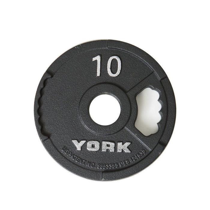 York Barbell 10 lbs. G-2 Olympic Cast Iron Plate with Dual Grip Slim Profile in Black - Reserved for Pairs