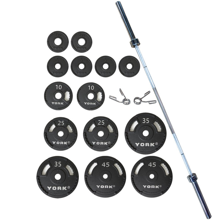 York Barbell 300 lbs. G-2 Dual Grip Slim Profile Iron Set: Unleash Strength with 2972 Bar and Precision Springs