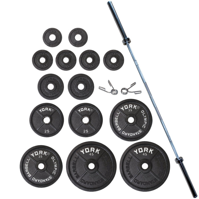 York barbell  'Legacy' 300 lb International Set (Pairs of 45 lb, 35 lb, 25 lb, 10 lb, 2.5 lb, and 4 sets of 5 lb) with Included Spring Collars in Sleek Black - Product Code 32004