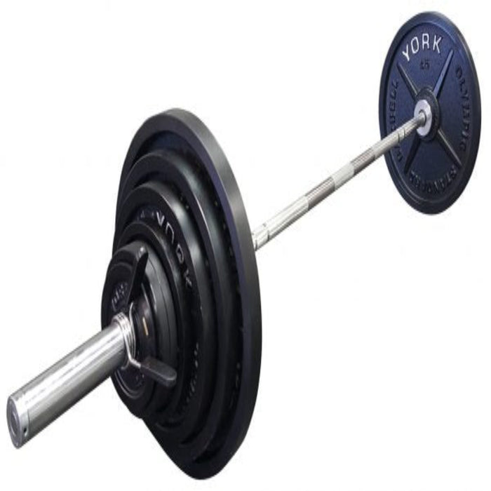 York barbell  'Legacy' 300 lb International Set (Pairs of 45 lb, 35 lb, 25 lb, 10 lb, 2.5 lb, and 4 sets of 5 lb) with Included Spring Collars in Sleek Black - Product Code 32004