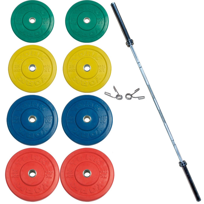 York Barbell's 275 lb USA Colored Solid Rubber Bumper Set and Bonus Spring Collars – A Prism of Strength in 2 x 45, 35, 25, 10 lb.