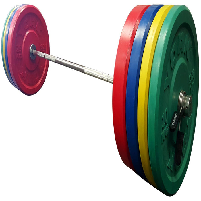 York Barbell's 275 lb USA Colored Solid Rubber Bumper Set and Bonus Spring Collars – A Prism of Strength in 2 x 45, 35, 25, 10 lb.