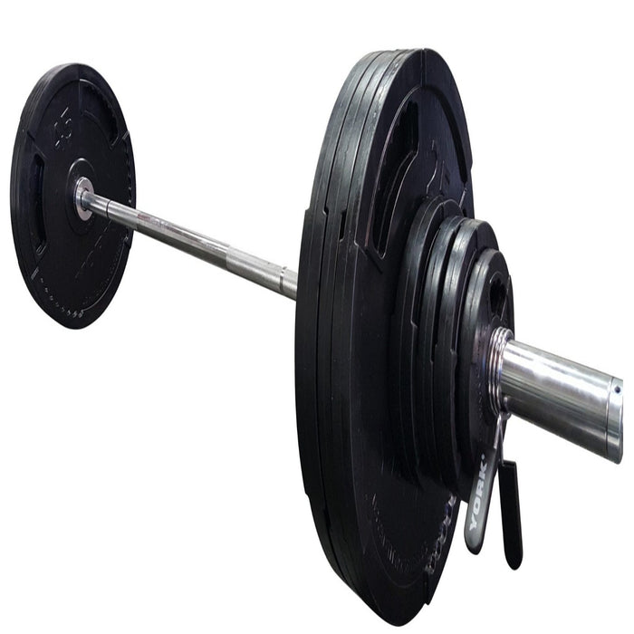 York Barbell 300 lb. G2 Dual Grip Thin Line Rubber Encased Set with 2976 Bar and Precision Spring Collars (Comprising 2 x 45 lb, 35 lb, 25 lb, 10 lb, 2.5 lb, & 4 x 5 lb)