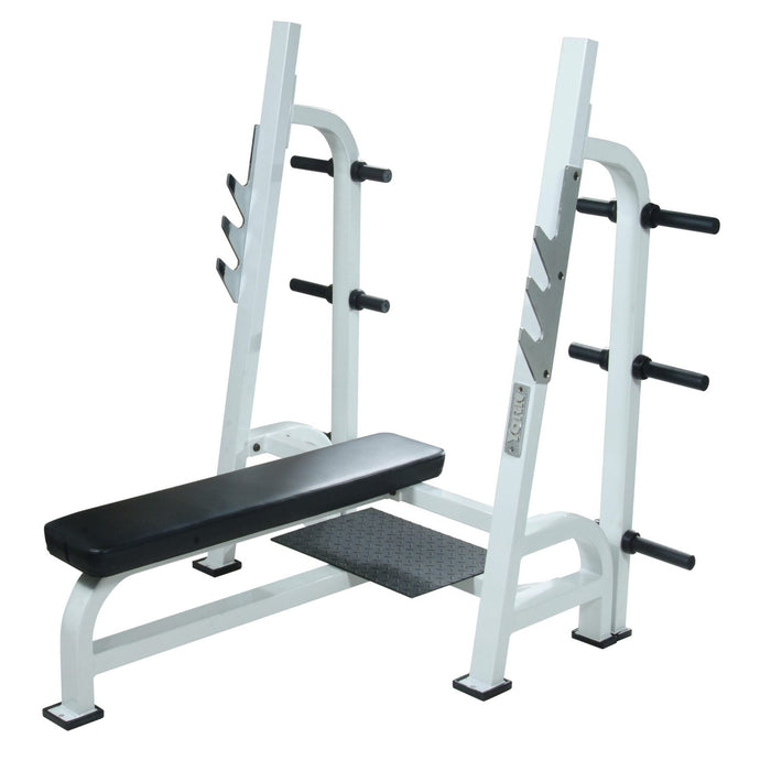 York Barbell's Olympic Flat Bench with Gun Racks in Crisp White